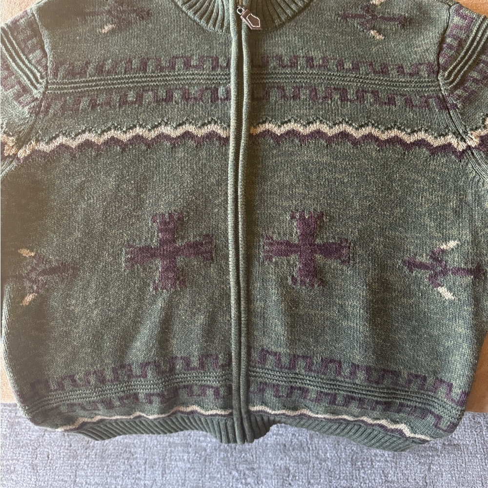 Orvis Men’s Green/beige Ribbed Knit Cardigan Sweater L